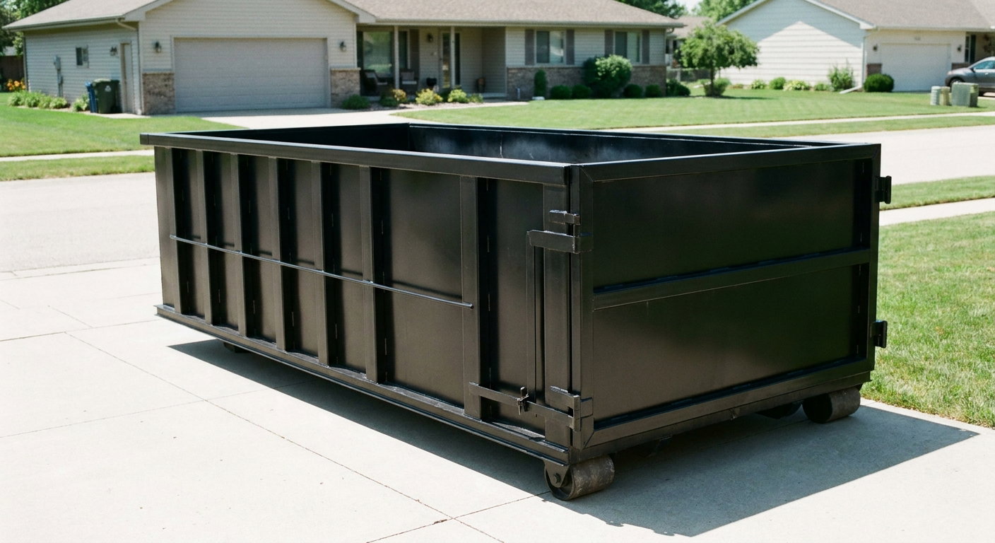 Matte-black 10-yard roll-off dumpster on a residential concrete driveway in Buzzards Bay, uniformly painted matte black across every panel and rail, ribbed steel sidewalls and rear swing door visible, mid-day daylight.
