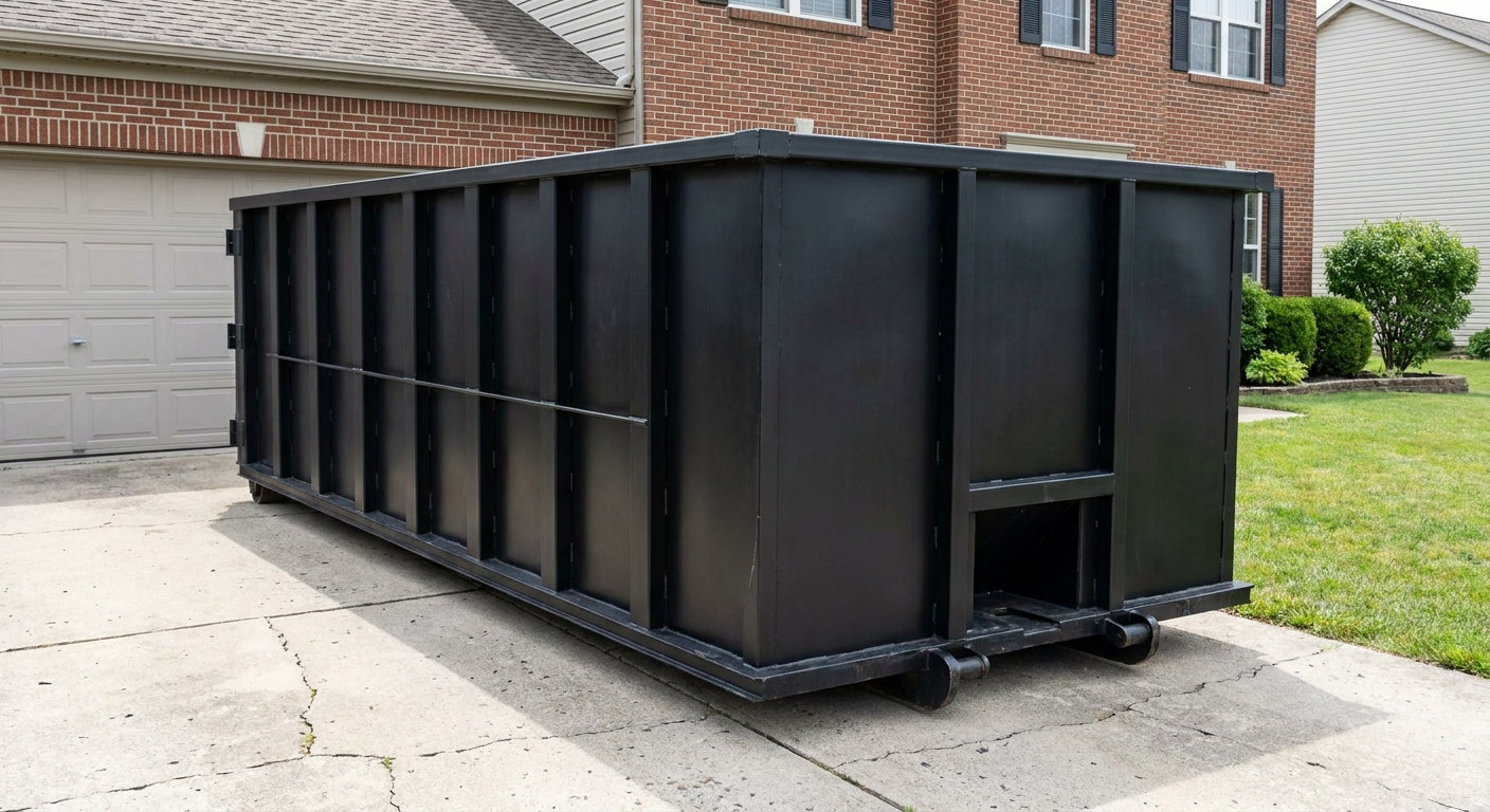 Matte-black 20-yard roll-off container on a Buzzards Bay residential concrete driveway with reinforced ribbed steel sidewalls and a hinged rear walk-in door, clean bright daylight.