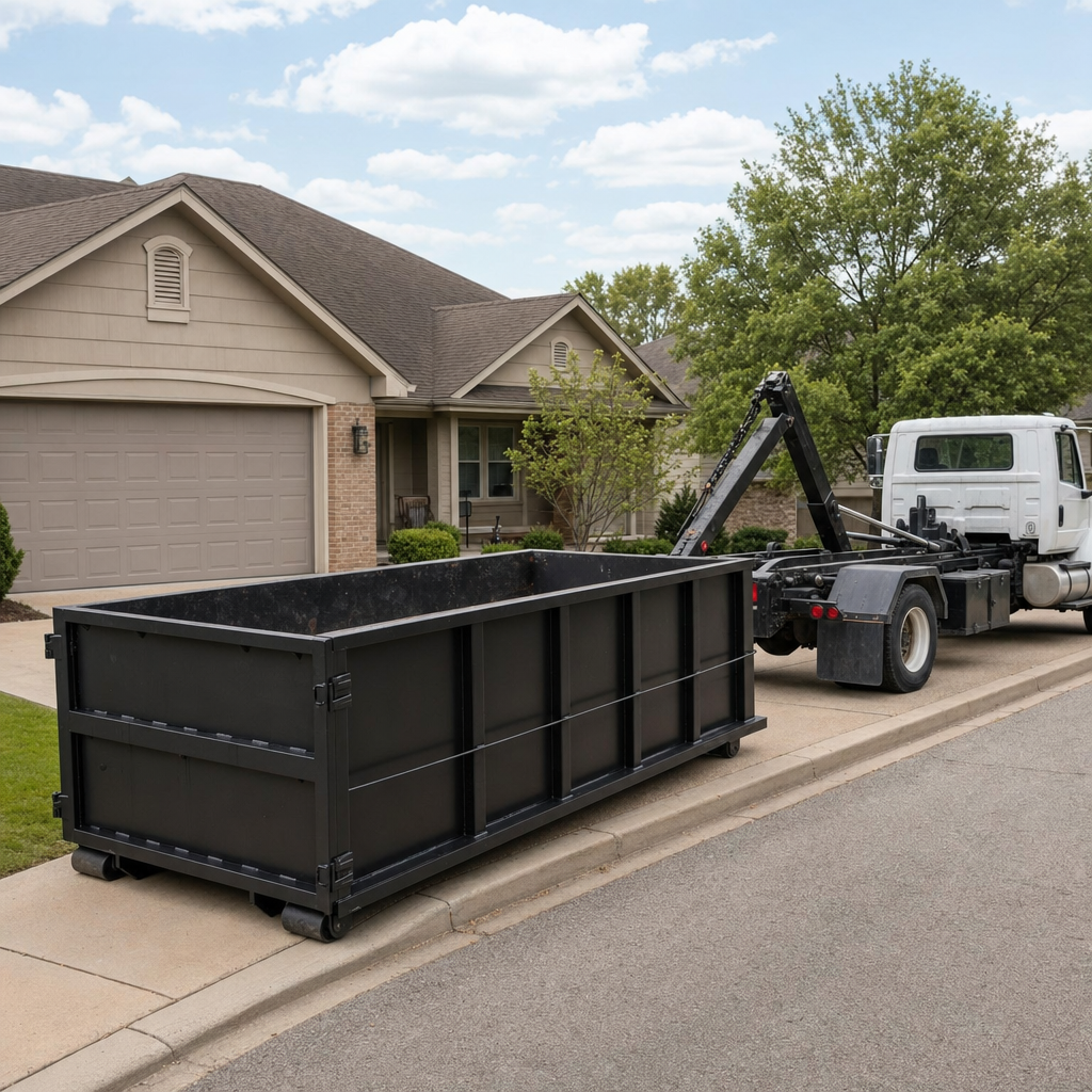 Wide documentary shot of a matte-black roll-off dumpster on a Buzzards Bay residential driveway in the foreground and a contractor jobsite container in the soft-focus background, bright daylight, calm and orderly composition.